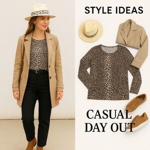 Leopard Print Long Sleeve Top | Casual Day Out | Neutral Animal Print Sz Large